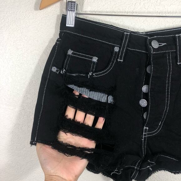 Carmar black distressed destroyed ripped hi rise waist button jean shorts NEW 25 - Picture 3 of 8